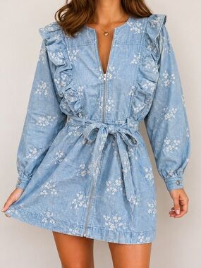 Sweet en Forme Blue Floral Cotton Ruffle Mini Dress Zip Front M